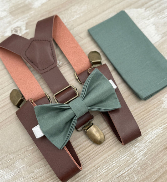 Eucalyptus Bow tie & Suspenders | Leather Braces | Pocket Square | Ring Bearer Outfit | Boho Rustic Wedding