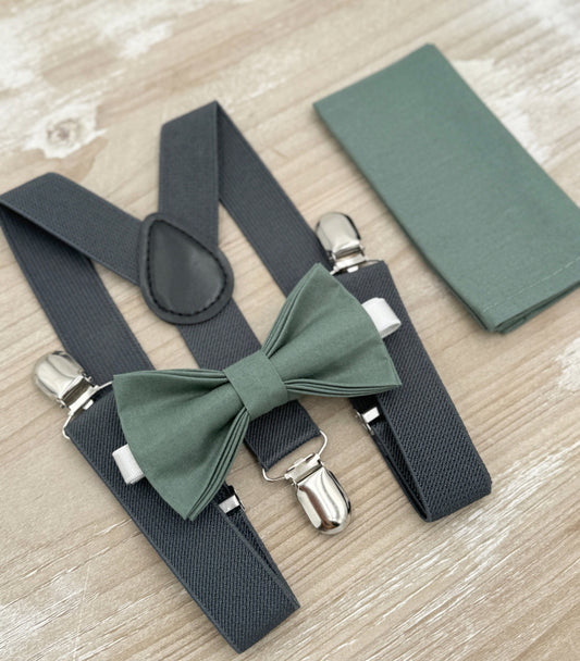 Eucalyptus Bow tie & Suspenders | Charcoal Braces | Pocket Square | Ring Bearer Outfit | Boho Rustic Wedding Outfit | Groomsman Gift