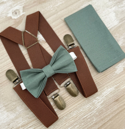 Eucalyptus Bow tie & Suspenders | Brown Braces | Pocket Square | Ring Bearer Outfit | Boho Wedding | Rustic Wedding Outfit | Groomsman Gift