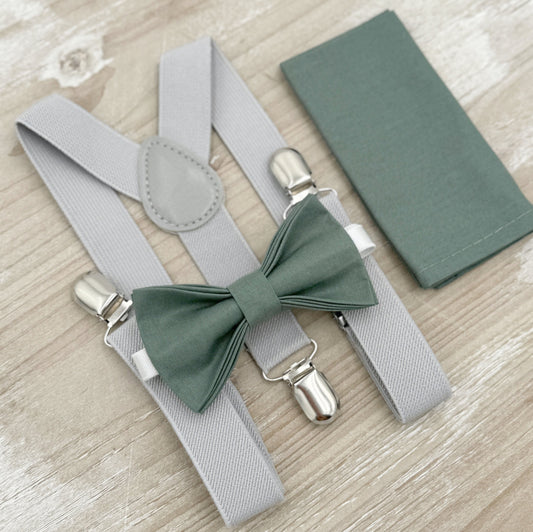 Eucalyptus Bow tie & Suspenders | Light Gray Braces | Rosemary Bow | Pocket Square | Ring Bearer Outfit | Rustic Wedding | Groomsman Gift
