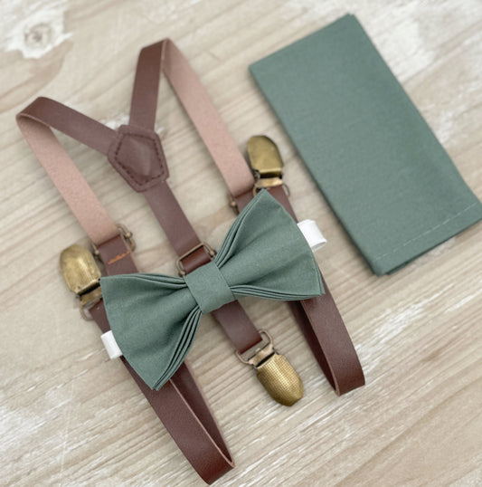Eucalyptus Bow tie & Suspenders | Rosemary Bow | Skinny Leather Braces | Pocket Square | Ring Bearer Outfit | Boho Rustic Wedding