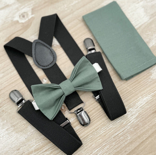 Eucalyptus Bow tie & Suspenders | Black Braces | Rosemary Bow | Pocket Square | Ring Bearer Outfit | Rustic Wedding Set | Groomsman Gift