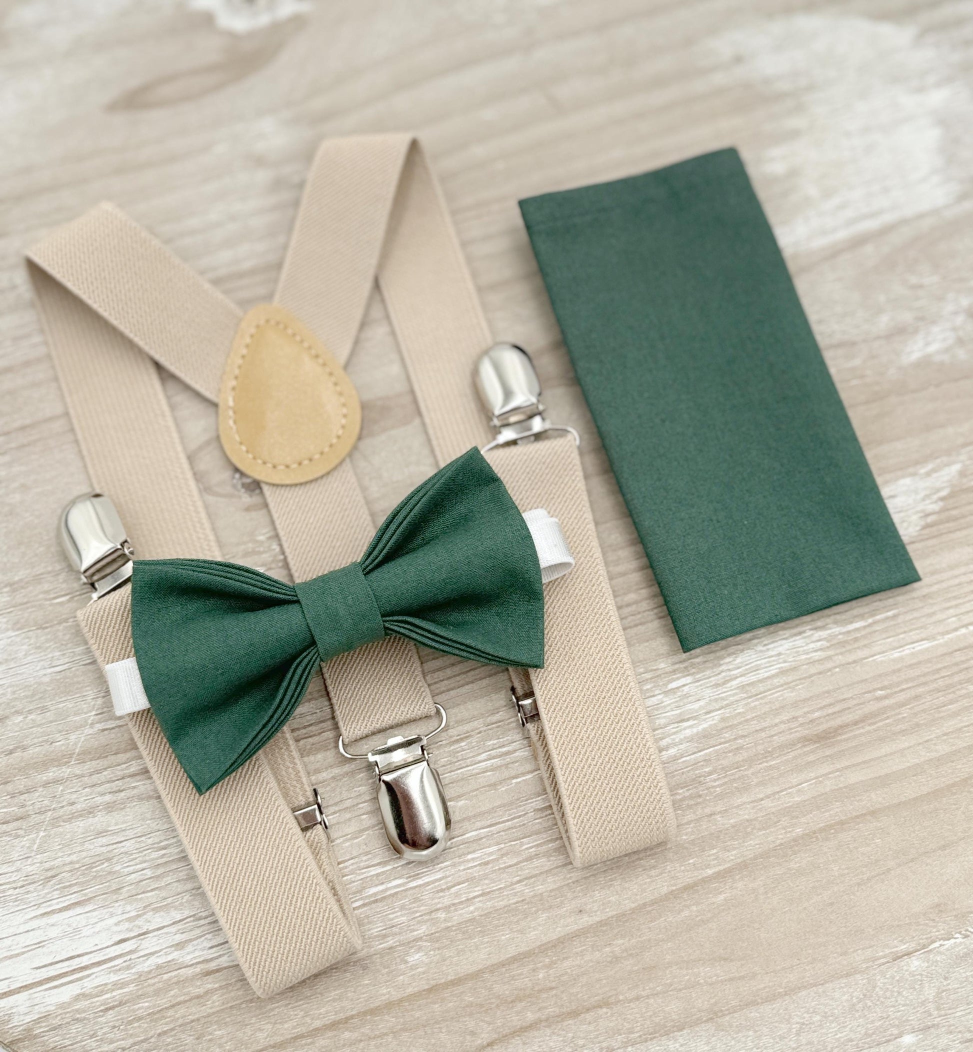 Dark Eucalyptus Bow tie & Suspenders | Champagne Braces | Pocket Square | Ring Bearer Outfit | Boho Wedding Set | Groomsman Gift