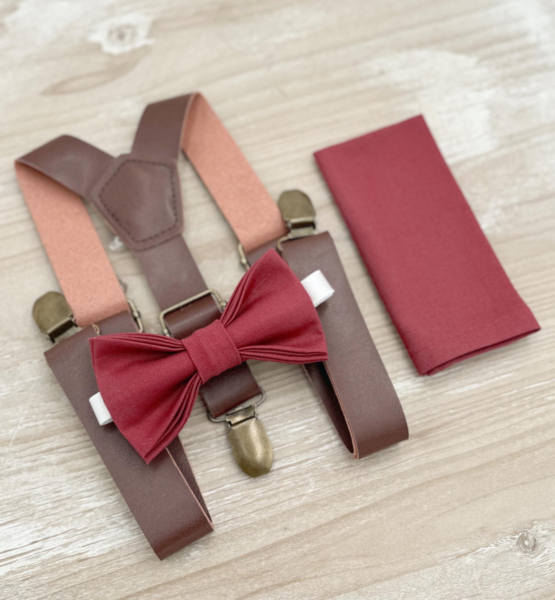 Rosewood Bow tie & Suspenders | Leather Braces | Desert Rose Bow | Pocket Square | Ring Bearer Outfit | Boho Rustic Wedding