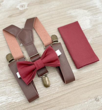 Rosewood Bow tie & Suspenders | Leather Braces | Desert Rose Bow | Pocket Square | Ring Bearer Outfit | Boho Rustic Wedding