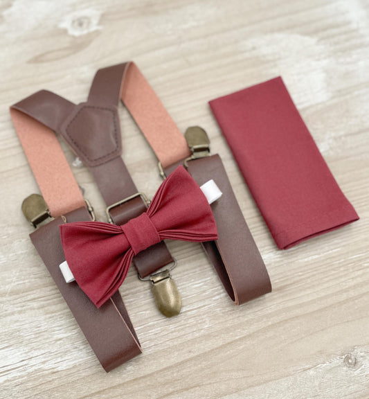 Rosewood Bow tie & Suspenders | Leather Braces | Desert Rose Bow | Pocket Square | Ring Bearer Outfit | Boho Rustic Wedding