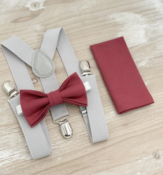 Rosewood Bow tie & Suspenders | Light Gray Braces | Desert Rose Bow Tie | Pocket Square | Ring Bearer Outfit | Boho Rustic Wedding