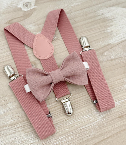 Dusty Rose Linen Bow tie & Suspenders | Mauve Braces | Groomsman Gift | Ring Bearer Outfit | Boho Rustic Wedding