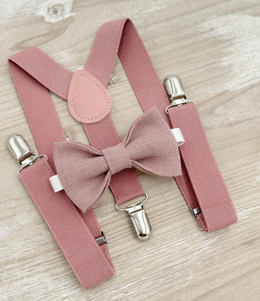 Dusty Rose Linen Bow tie & Suspenders | Mauve Braces | Groomsman Gift | Ring Bearer Outfit | Boho Rustic Wedding