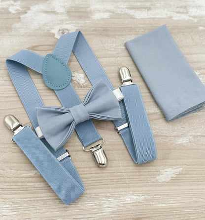 Dusty Blue Bow tie & Suspenders | Pocket Square | Ring Bearer Outfit | Boho Rustic Wedding