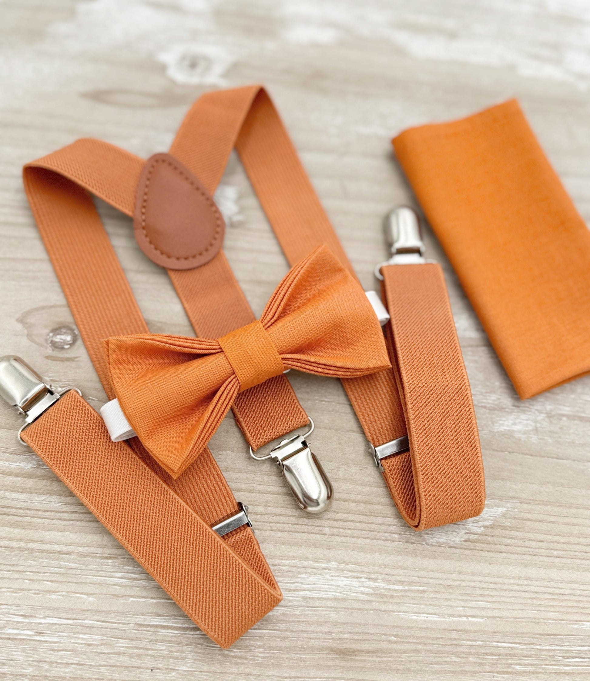Burnt Orange Bow tie & Suspenders | Pocket Square | Ring Bearer Outfit | Boho Rustic Wedding