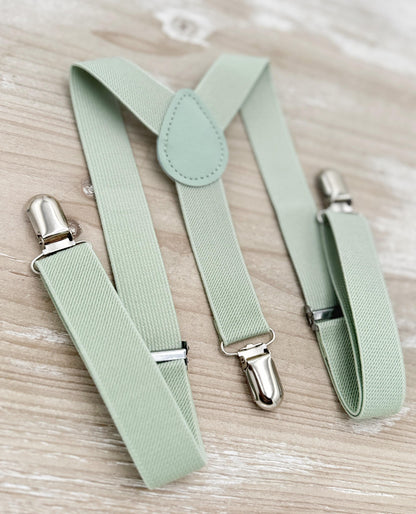 Dusty Sage Bow tie & Suspenders, Pocket Square, Ring Bearer Outfit, Boho Rustic Wedding