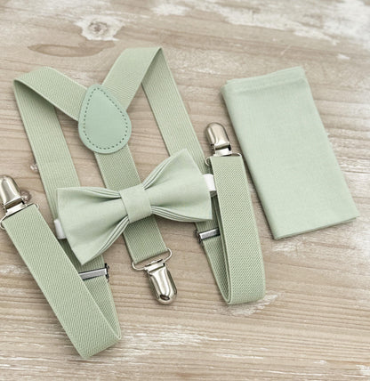 Dusty Sage Bow tie & Suspenders, Pocket Square, Ring Bearer Outfit, Boho Rustic Wedding