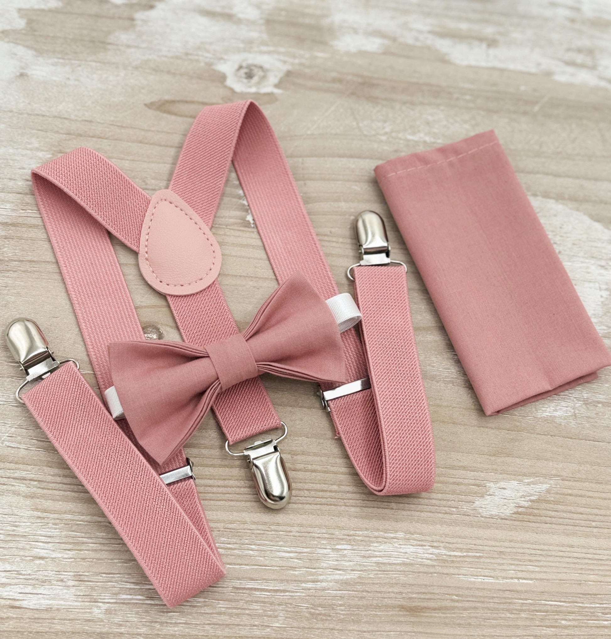 Desert Coral Bow Tie & Suspenders – All Sizes for Men and Boys, Pocket Square, Ring Bearer, Groomsman Gift, Boho Barn Wedding