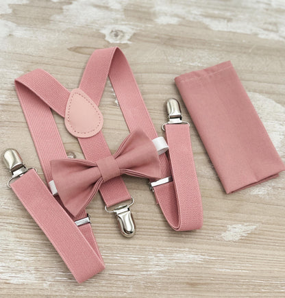 Desert Coral Bow Tie & Suspenders – All Sizes for Men and Boys, Pocket Square, Ring Bearer, Groomsman Gift, Boho Barn Wedding