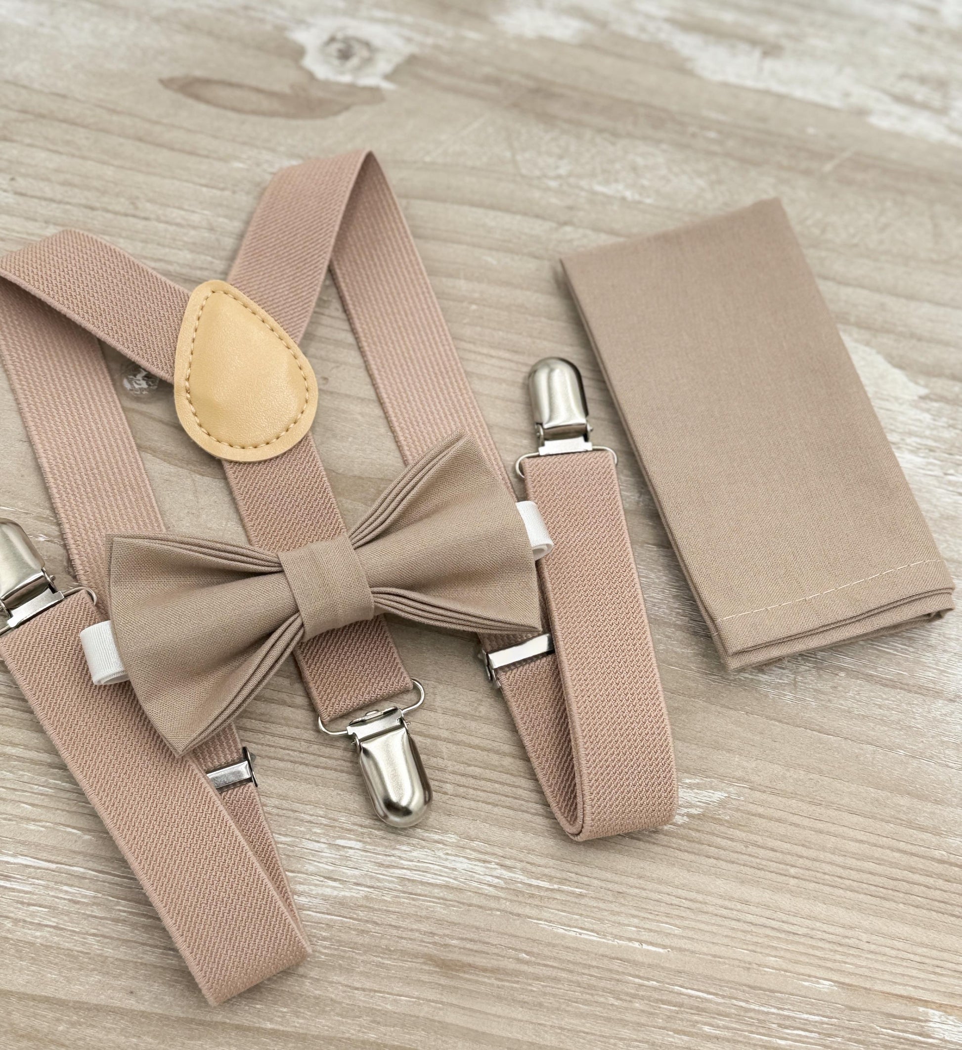 Light Taupe Bow tie & Suspenders, Pocket Square, Ring Bearer Outfit, Boho Rustic Wedding