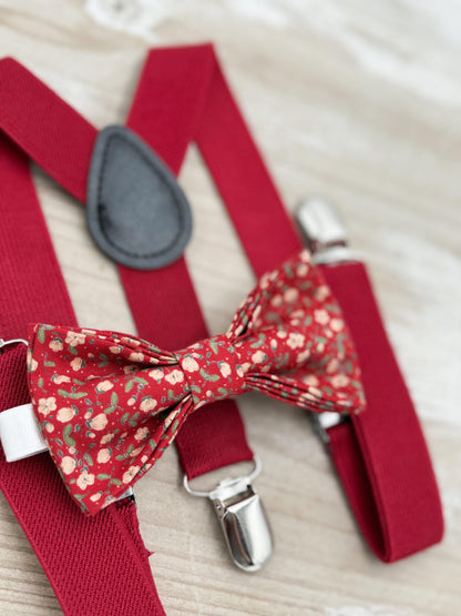 Floral Red Bow tie & Suspenders | Vintage Bowtie | Ring Bearer Outfit | Boho Rustic Wedding | Cottage Chic Outfit