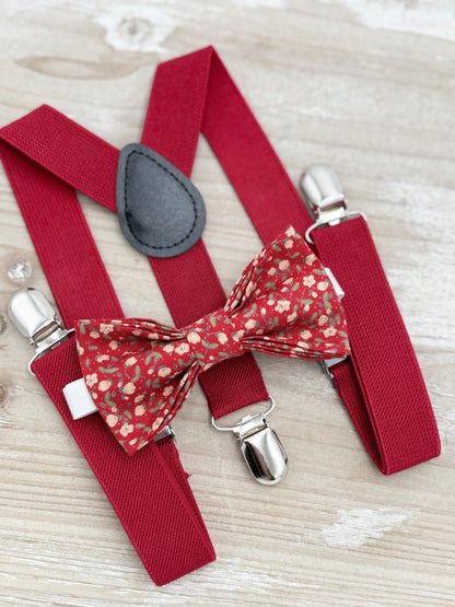 Floral Red Bow tie & Suspenders | Vintage Bowtie | Ring Bearer Outfit | Boho Rustic Wedding | Cottage Chic Outfit