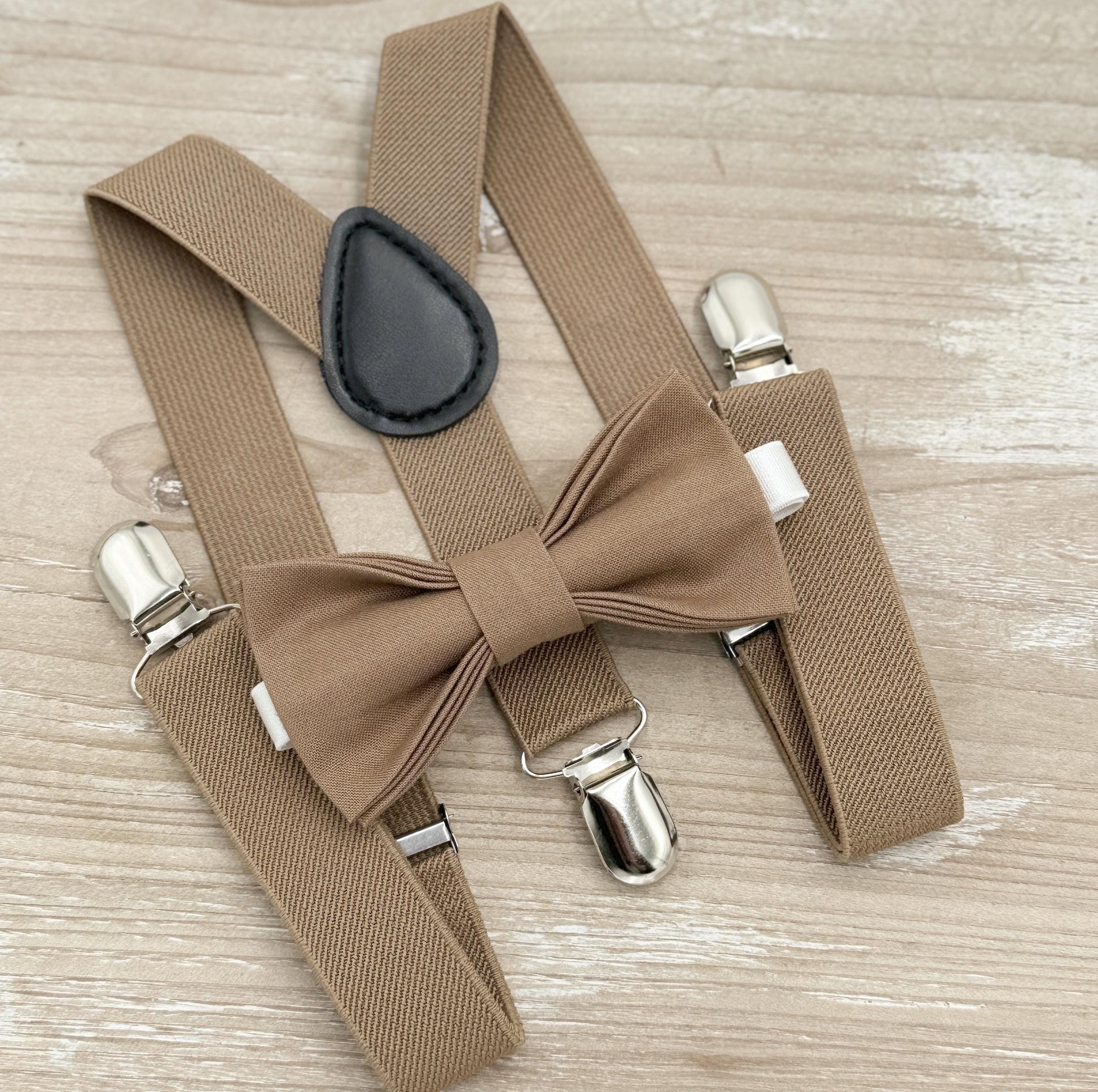 Taupe Bow tie & Suspenders | Pocket Square | Ring Bearer Outfit | Boho Rustic Wedding