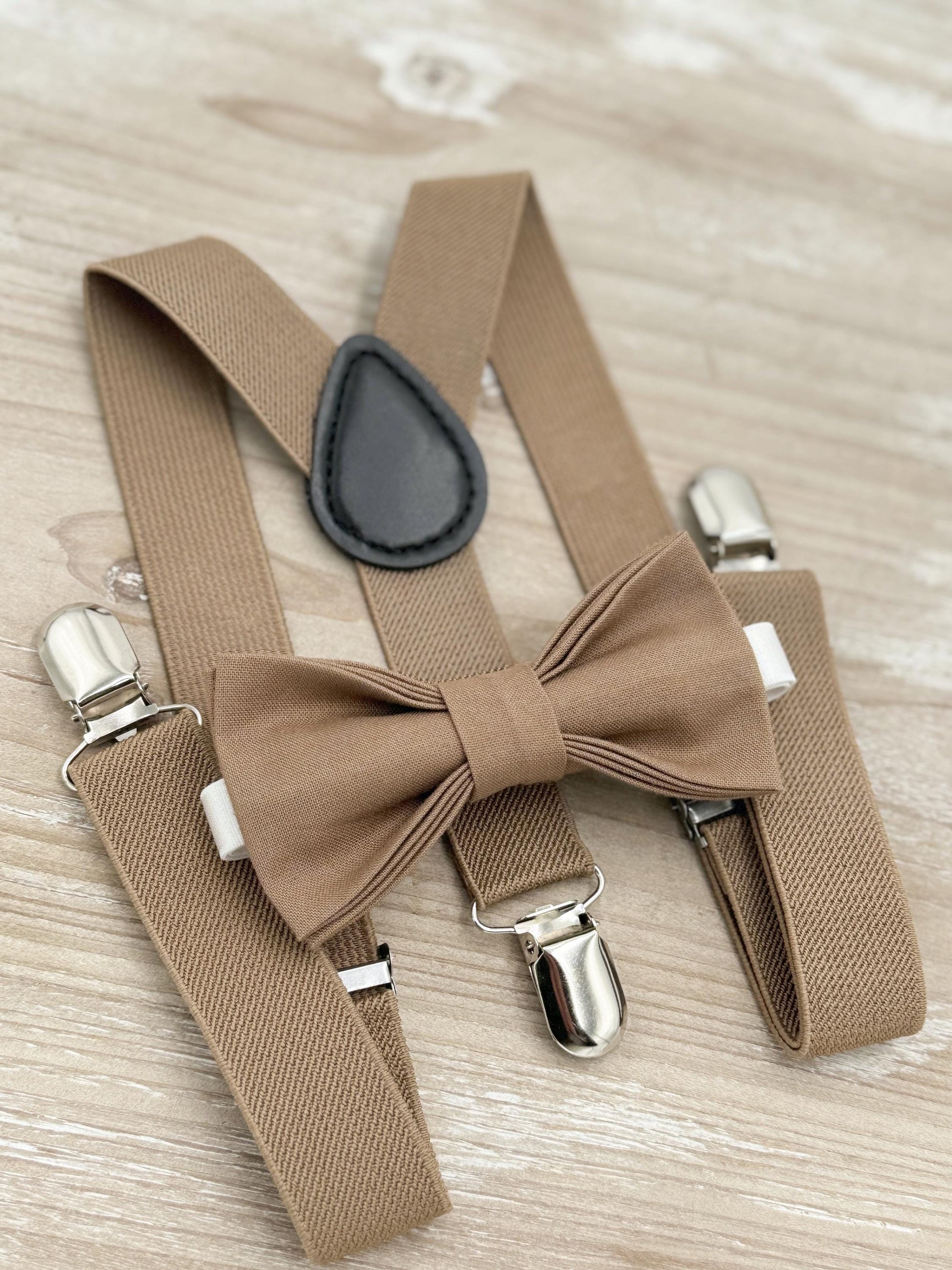 Taupe Bow tie & Suspenders | Pocket Square | Ring Bearer Outfit | Boho Rustic Wedding