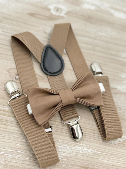 Taupe Bow tie & Suspenders | Pocket Square | Ring Bearer Outfit | Boho Rustic Wedding
