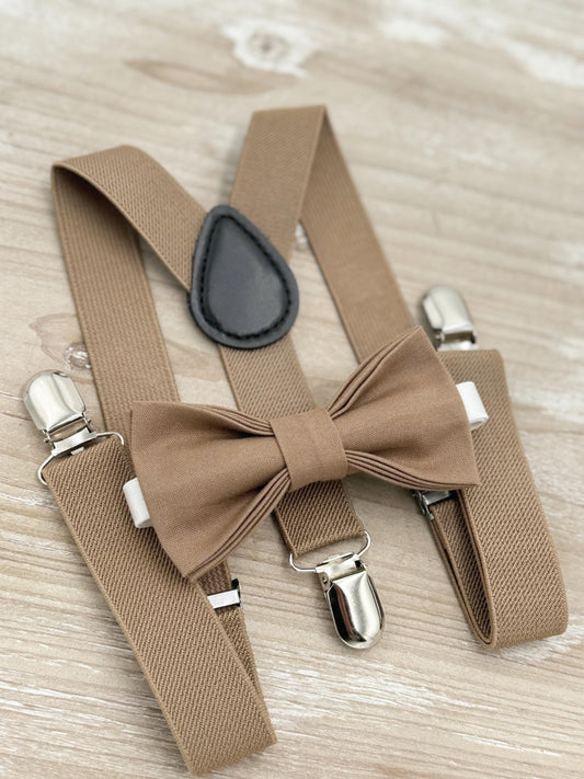 Taupe Bow tie & Suspenders | Pocket Square | Ring Bearer Outfit | Boho Rustic Wedding
