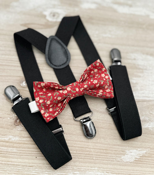 Floral Red Bow tie & Suspenders | Back Braces | Vintage Bowtie | Ring Bearer Outfit | Boho Rustic Wedding | Cottage Chic Outfit