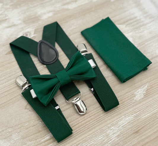 Juniper Bow tie & Suspenders, Dark Green Braces, Emerald Bow, Pocket Square, Ring Bearer Outfit, Boho Rustic Wedding