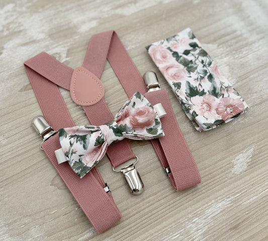 Floral Bow tie & Suspenders, Dusty Rose Braces, Pocket Square, Ring Bearer Outfit, Boho Wedding, Groomsman Gift, Rustic Wedding Set