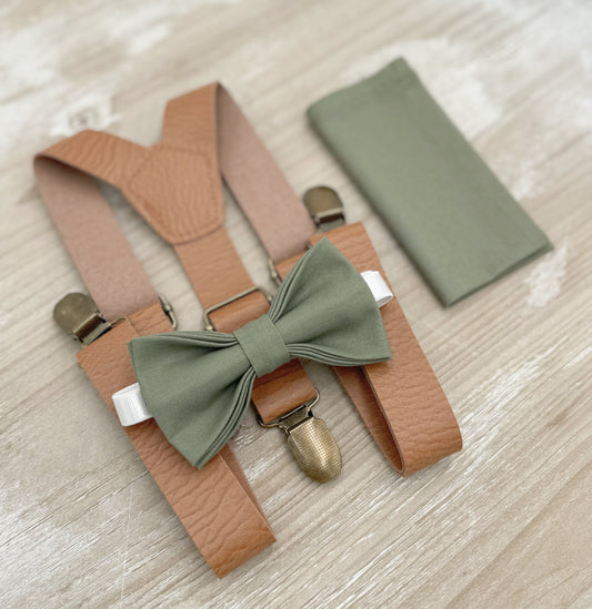 Moss Bow Tie & Suspenders – All Sizes for Men and Boys, Leather Suspenders, Pocket Square, Ring Bearer Outfit, Boho Rustic Wedding