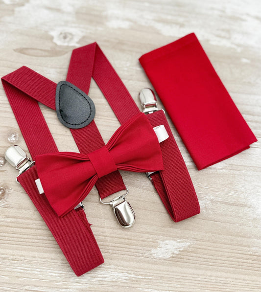Apple Red Bow tie & Suspenders | Pocket Square | Ring Bearer Outfit | Boho Rustic Wedding | Holiday Christmas Outfit