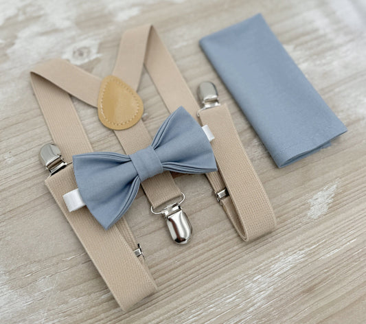 Dusty Blue Bow tie & Suspenders | Champagne Tan Braces | Pocket Square | Ring Bearer Outfit | Boho Rustic Wedding