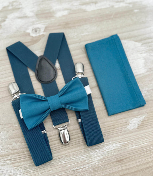 Teal Blue Bow tie & Suspenders | Ink Braces | Pocket Square | Ring Bearer Outfit | Boho Rustic Wedding