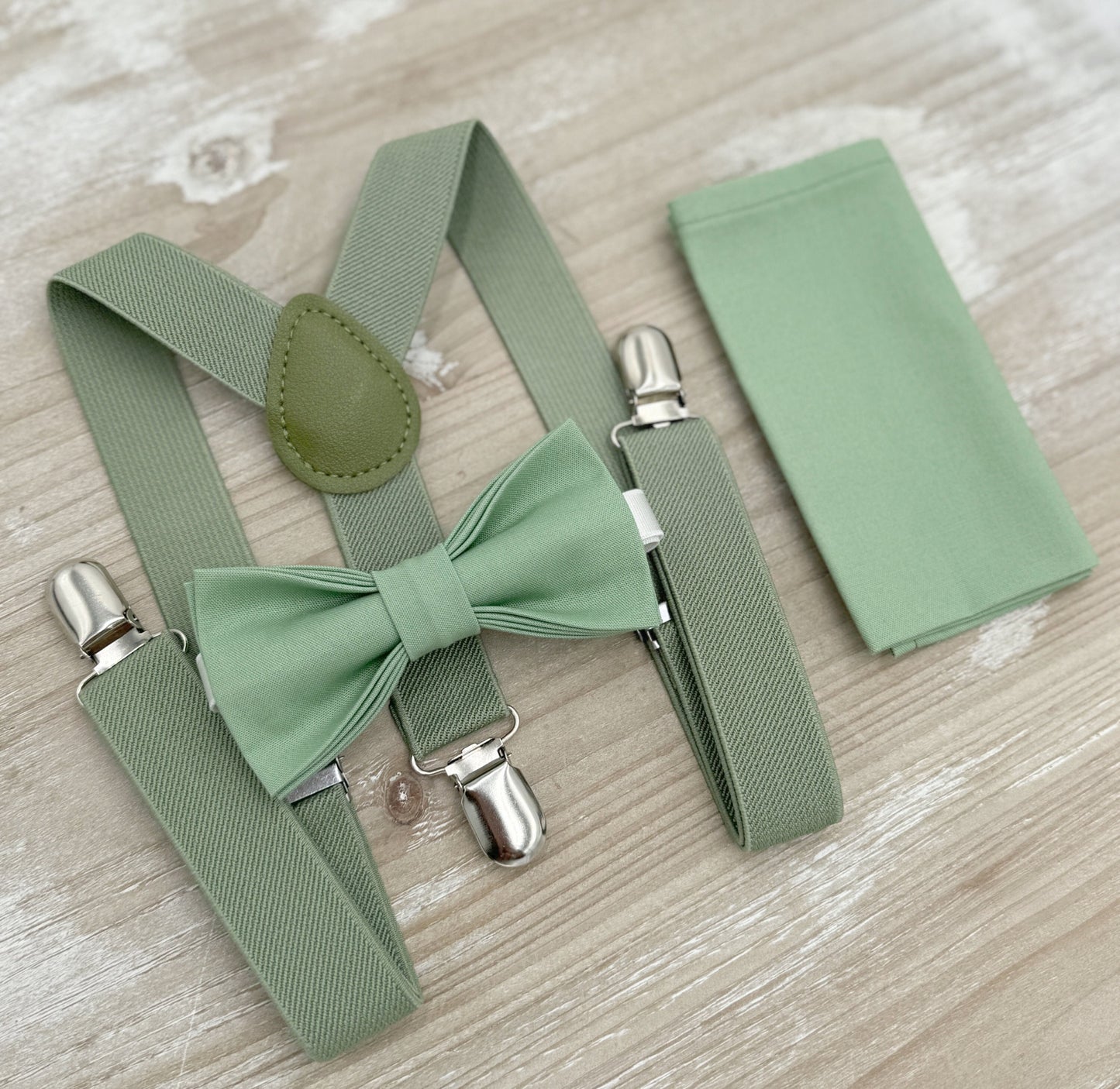 Matcha Bow tie & Suspenders | Moss Green Braces | Sage Bowtie | Pocket Square | Ring Bearer Outfit | Boho Rustic Wedding