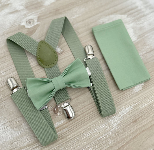 Matcha Bow tie & Suspenders | Moss Green Braces | Sage Bowtie | Pocket Square | Ring Bearer Outfit | Boho Rustic Wedding