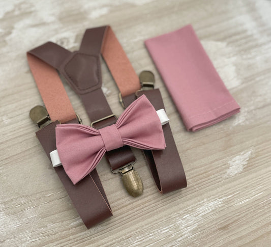 Dusty Rose Bow Tie & Suspenders – All Sizes for Men and Boys, Leather Braces, Pocket Square, Ring Bearer, Groomsman Gift, Boho Barn Wedding