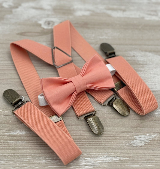 Sunset Bow tie & Suspenders, X - Back Braces, Coral Bow Tie, Pocket Square, Ring Bearer Outfit, Boho Wedding, Groomsman Gift