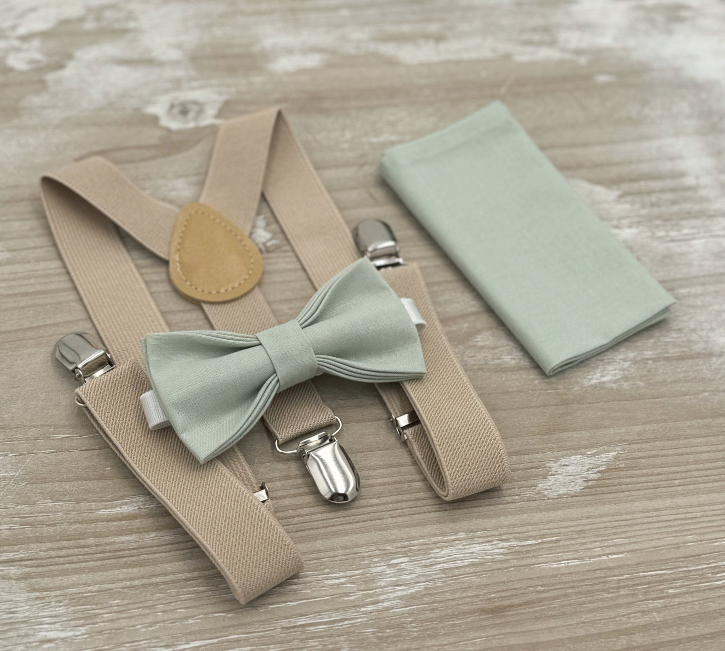 Dusty Sage Bow tie & Suspenders | Champagne Tan Braces | Pocket Square | Ring Bearer Outfit | Boho Wedding Set