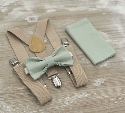 Dusty Sage Bow tie & Suspenders | Champagne Tan Braces | Pocket Square | Ring Bearer Outfit | Boho Wedding Set