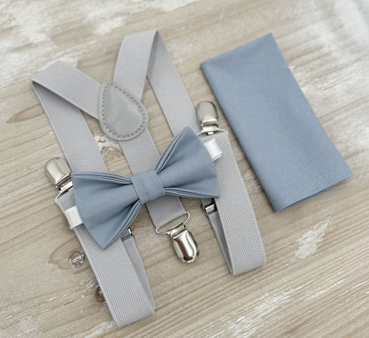 Dusty Blue Bow tie & Suspenders | Slight Gray Braces | Pocket Square | Ring Bearer Outfit | Boho Rustic Wedding