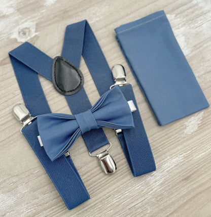 Steel Blue Bow Tie & Suspenders – Ring Bearer Outfit, All Sizes Baby to Adult, Groomsman Gift, Pocket Square, Boho Wedding Set, Twilight Bow