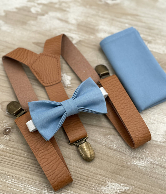 Steel Blue Bow Tie & Suspenders , Light Brown Leather Braces , Men's pocket square , Boy's Ring Bearer gift , Groomsmen Wedding outfit