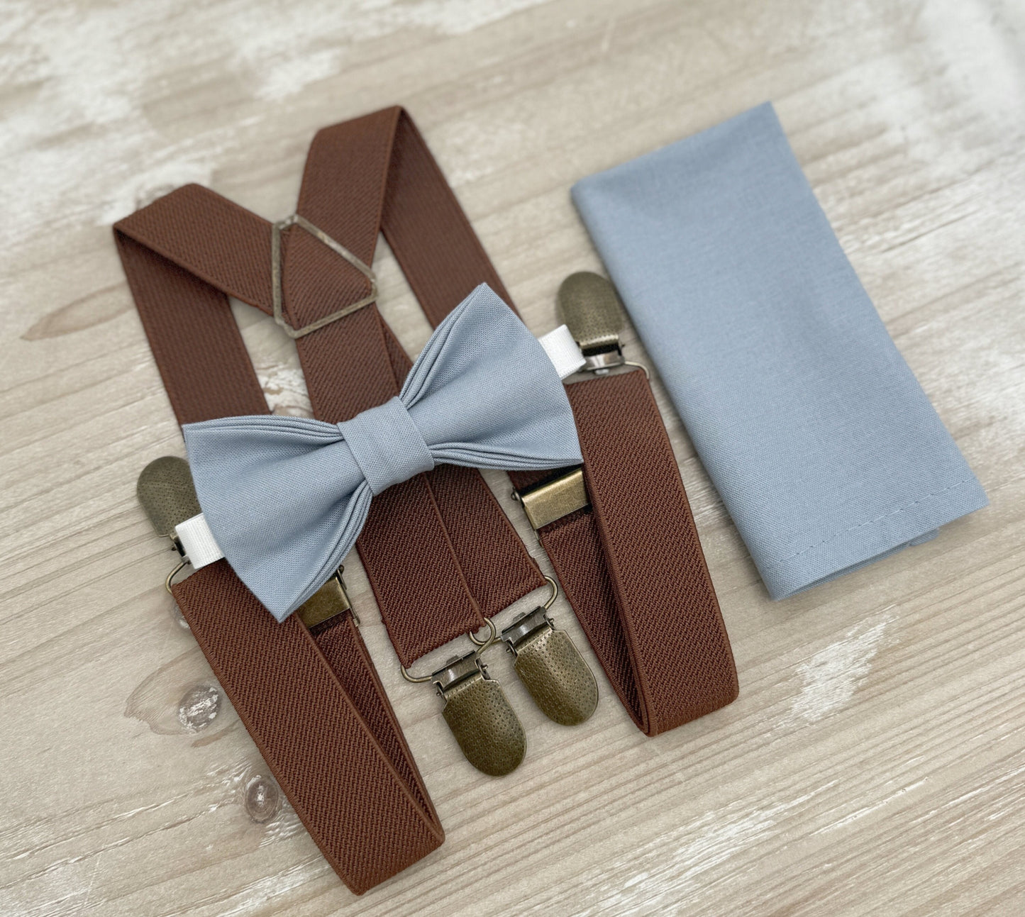 Dusty Blue Bow Tie & Suspenders – All Sizes for Boys and Men, X- Back Brown Braces, Pocket Square, Ring Bearer, Boho Rustic Wedding