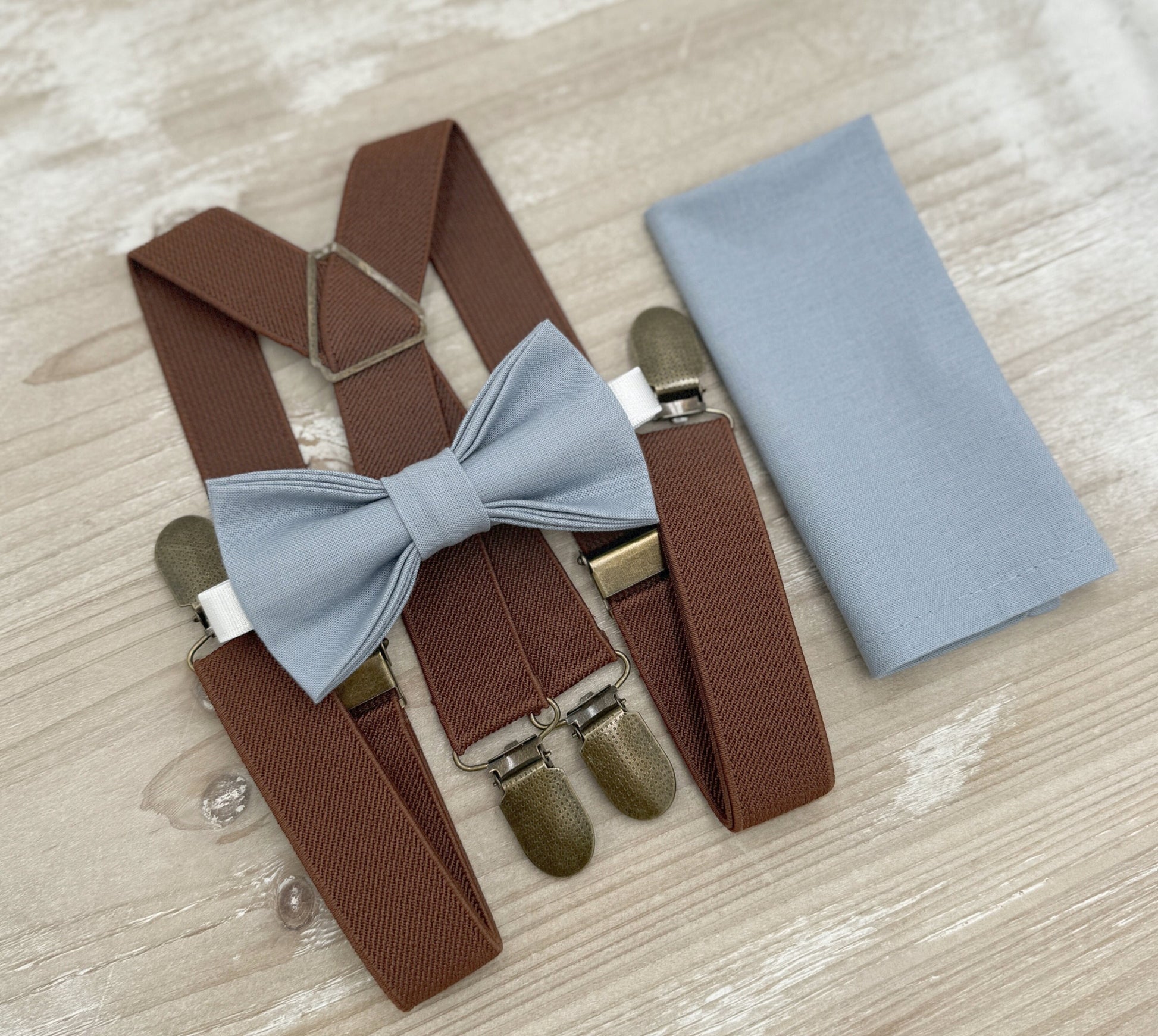 Dusty Blue Bow Tie & Suspenders – All Sizes for Boys and Men, X- Back Brown Braces, Pocket Square, Ring Bearer, Boho Rustic Wedding