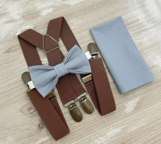 Dusty Blue Bow Tie & Suspenders – All Sizes for Boys and Men, X- Back Brown Braces, Pocket Square, Ring Bearer, Boho Rustic Wedding
