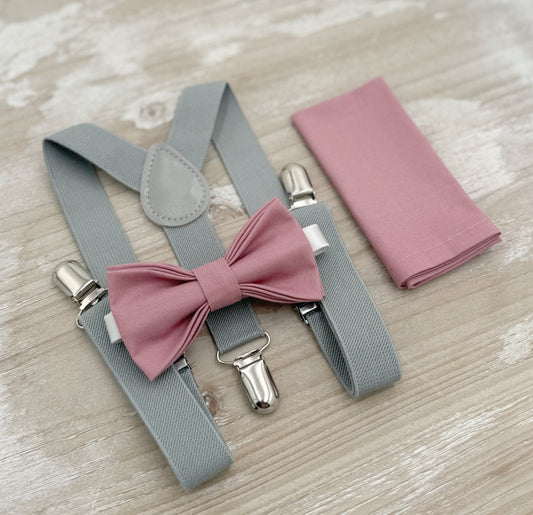 Dusty Rose Bow tie & Suspenders | Dusty Gray Braces | Pocket Square | Ring Bearer Outfit | Boho Rustic Wedding | Groomsman Gift