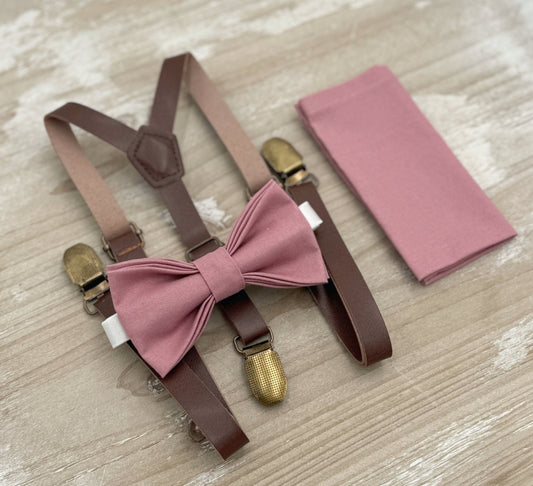 Dusty Rose Bow tie & Suspenders | Skinny Vegan Leather Braces | Pocket Square | Ring Bearer Outfit | Rustic Boho Wedding | Groomsman Gift