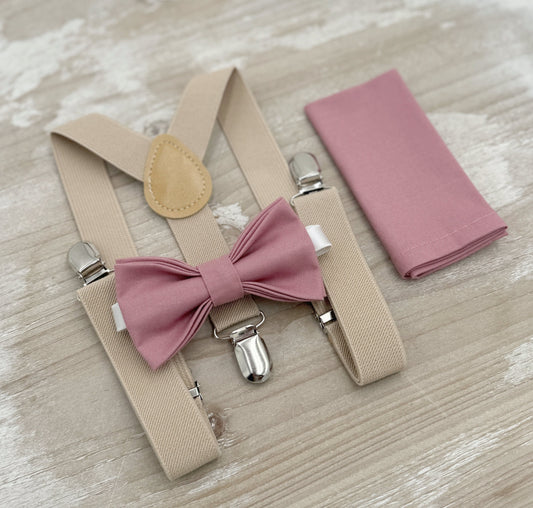 Dusty Rose Bow Tie & Suspenders – All Sizes for Men and Boys, Champagne Braces, Pocket Square, Ring Bearer, Groomsman Gift, Barn Wedding
