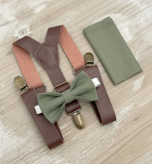 Moss Bow Tie and Suspenders – All Sizes for Men and Boys, Leather Suspenders, Pocket Square, Ring Bearer Outfit, Boho Rustic Wedding
