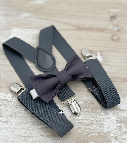 Dark Gray Bow tie & Suspenders | Charcoal Braces | Ring Bearer Outfit | Boho Rustic Wedding Set | Groomsman Gift